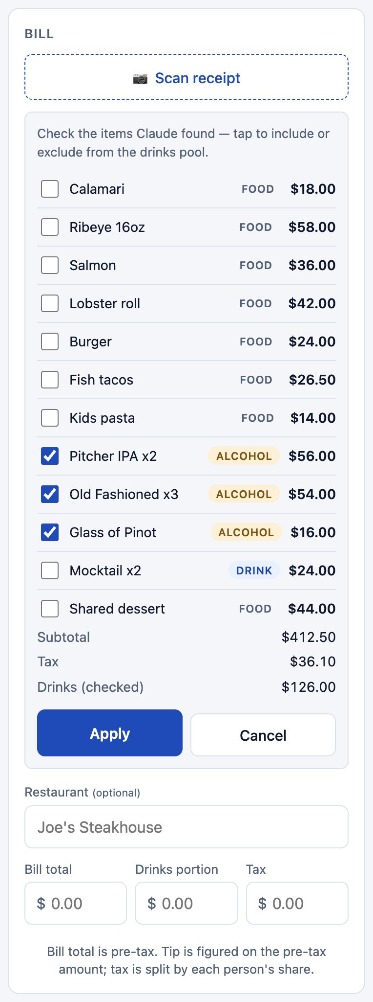 Scan review listing each item with a category; the three alcohol items are ticked